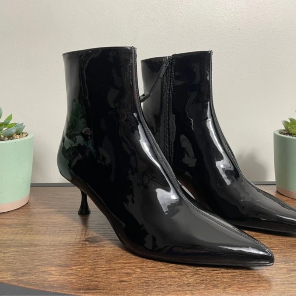Zara Black Patent Pointed Ankle Boots with Slim Heel